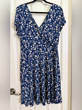 Kaileigh Navy Floral Faux-Wrap Midi Dress